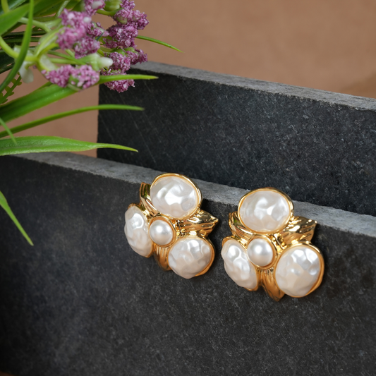 Yellow Gold-Tone Faux Pearl Cluster Flower Earrings
