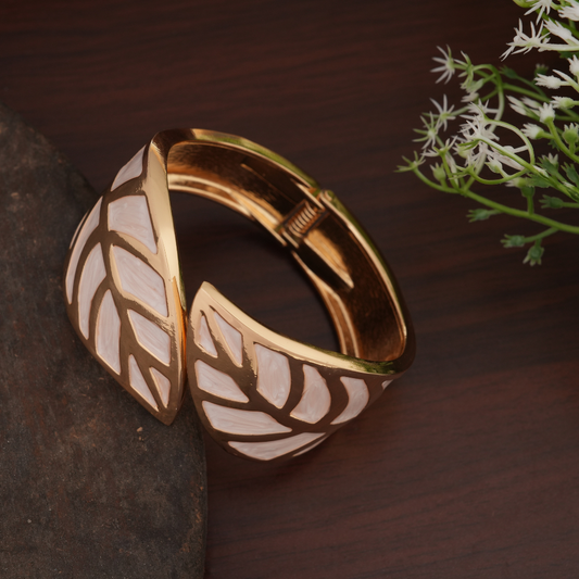 Wide Gold-Tone & White Enamel Leaf Bangle