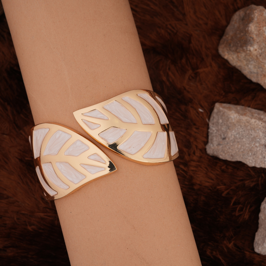 Wide Gold-Tone & White Enamel Leaf Bangle