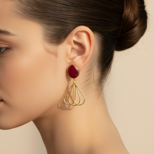Crimson Teardrop Filigree Dangle Earrings (Gold Tone)