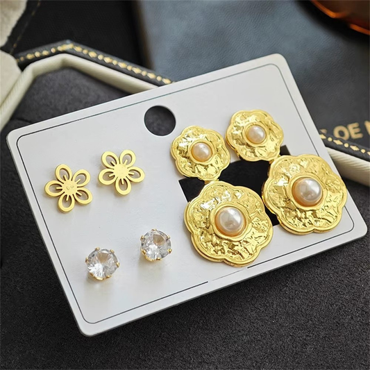 Gold-Tone Floral Earrings – Pair of 3 Combo Pack | Pearl Drop, Crystal Stud & Cutwork Flower Design