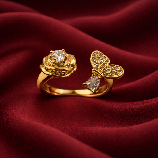 Gold-Tone Floral Charm Ring – Butterfly & Crystal Drop Design