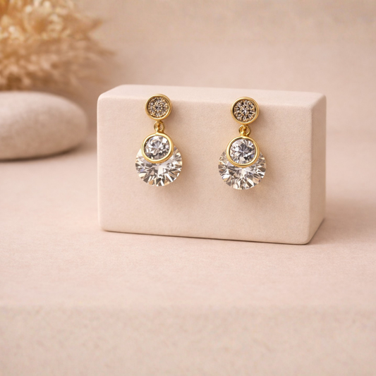 Crystal Double Disc Drop Earrings in Gold Tone