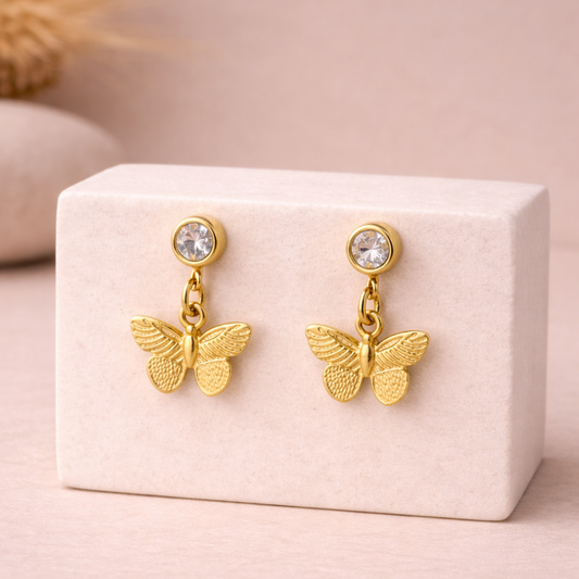Butterfly Charm Stud Drop Earrings in Gold Tone