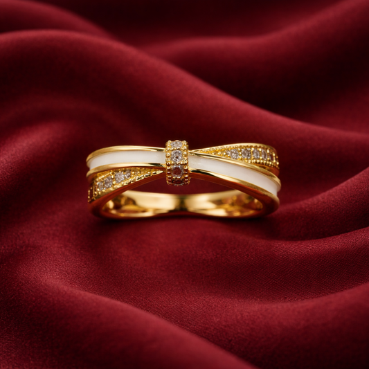 Gold-Tone Bow Ring – White Enamel & Crystal