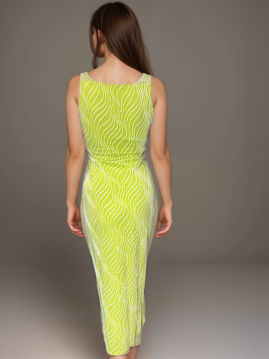 Vibrant Lime Green Bodycon Midi Dress with Wavy White Print and Spaghetti Straps