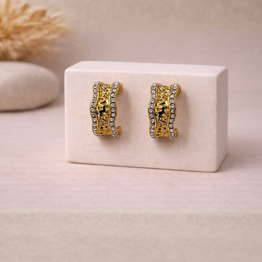 Textured Crystal Edge Stud Earrings in Gold Tone