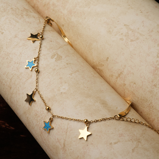 Gold-Tone Blue Enamel Star Charm Bracelet