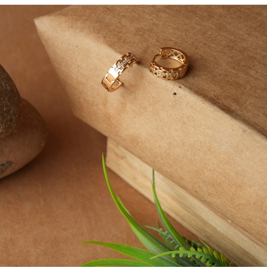 Yellow Gold-Tone Pave Lattice Hoop Earrings