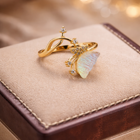 Gold-Tone Opal Butterfly Ring – Crystal Accent Open Band Design