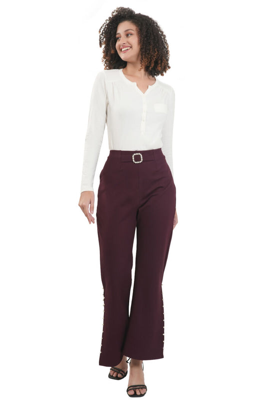 Flare Slit Jegging with Pearl-embellished (Wine color)