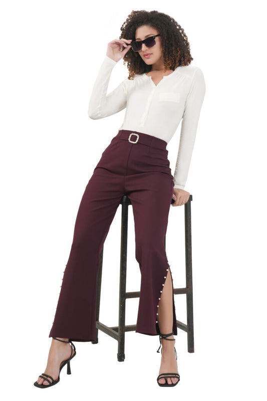 Flare Slit Jegging with Pearl-embellished (Wine color)