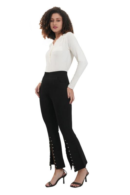 Black High Waist Slit Flare Jegging with crystal-embellished