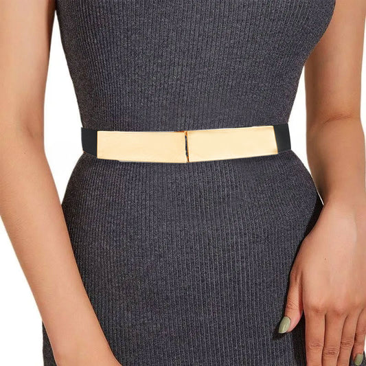 Chic and Versatile Women’s Elastic Strap Black Belt with Elegant Golden Buckle