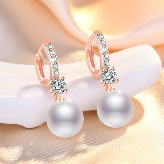 Pearl & Crystal Hoop Drop Earrings in Rose Gold Tone