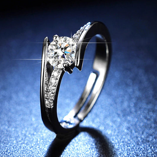 Elegant Solitaire Curve Ring in Silver Tone