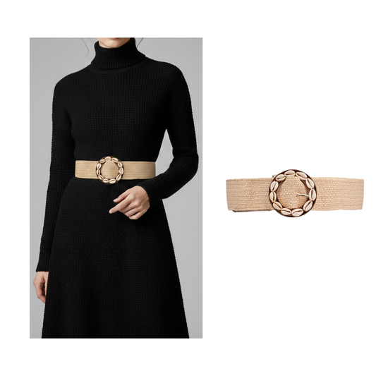 Beige Woven Belt with Shell Buckle