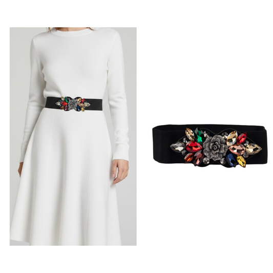 Black Elastic Belt with Multicolor Beads