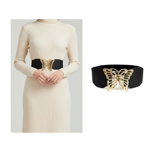 Black Embellished Butterfly Buckle Elastic Waist Belt
