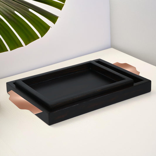 Luxe Wooden Serving Trays with Metallic Grip – Set of 2