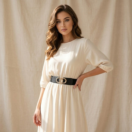 Black Elastic Cinch Belt with Gold Double-Circle Interlocking Buckle