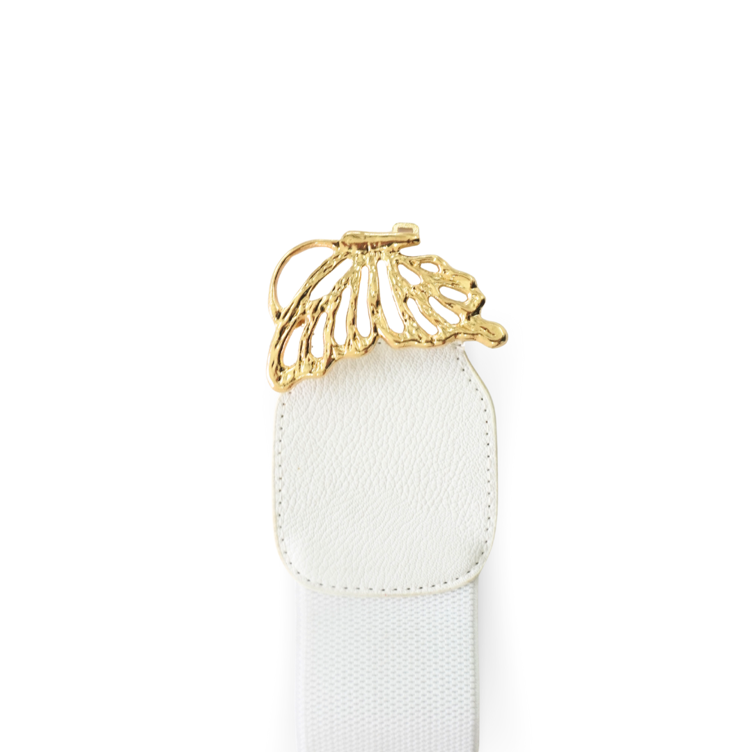 A Graceful White Elastic Belt with Gold Butterfly Buckle Statement Accessory