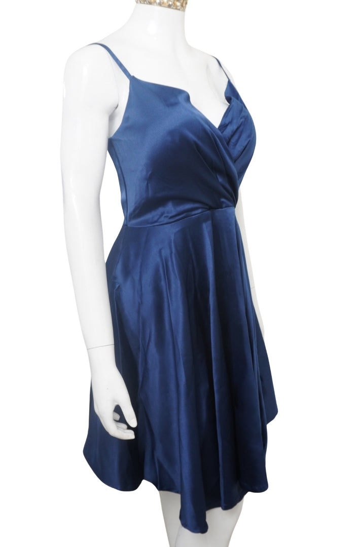 Deep Blue Satin A-Line Dress with Spaghetti Straps and V-Neckline