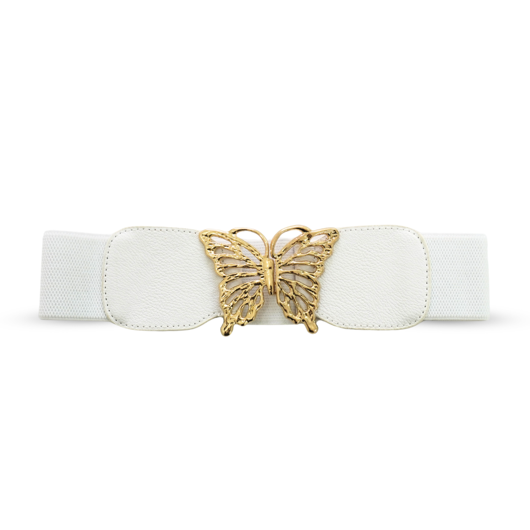 A Graceful White Elastic Belt with Gold Butterfly Buckle Statement Accessory