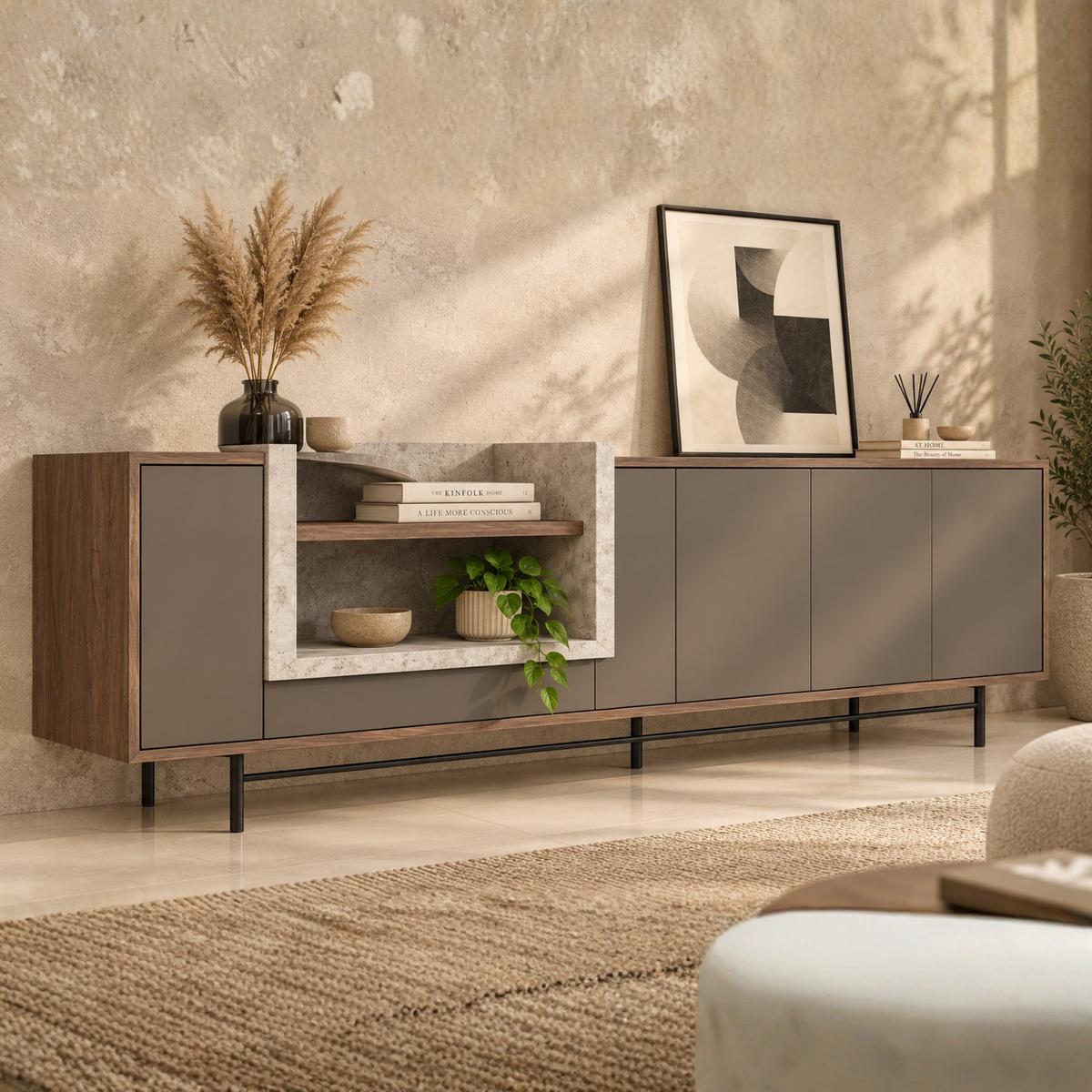 Modern Luxury TV Sideboard with Open Display Shelf – Engineered Wood with PU Paint & PVC Laminate Finish