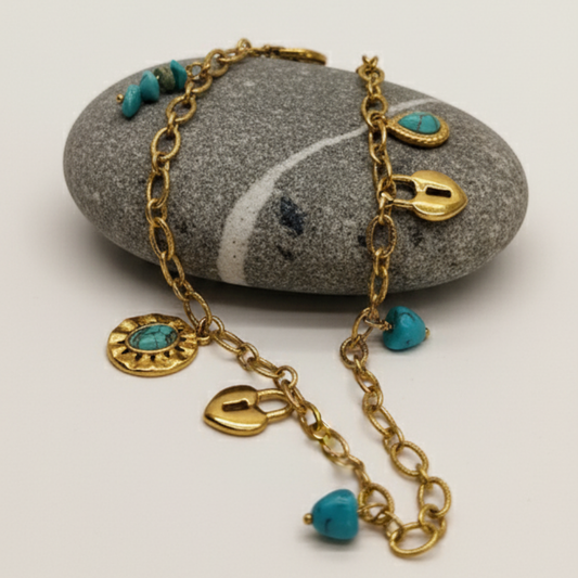 Turquoise Charm Link Necklace (Gold Tone)