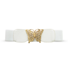 A Graceful White Elastic Belt with Gold Butterfly Buckle Statement Accessory