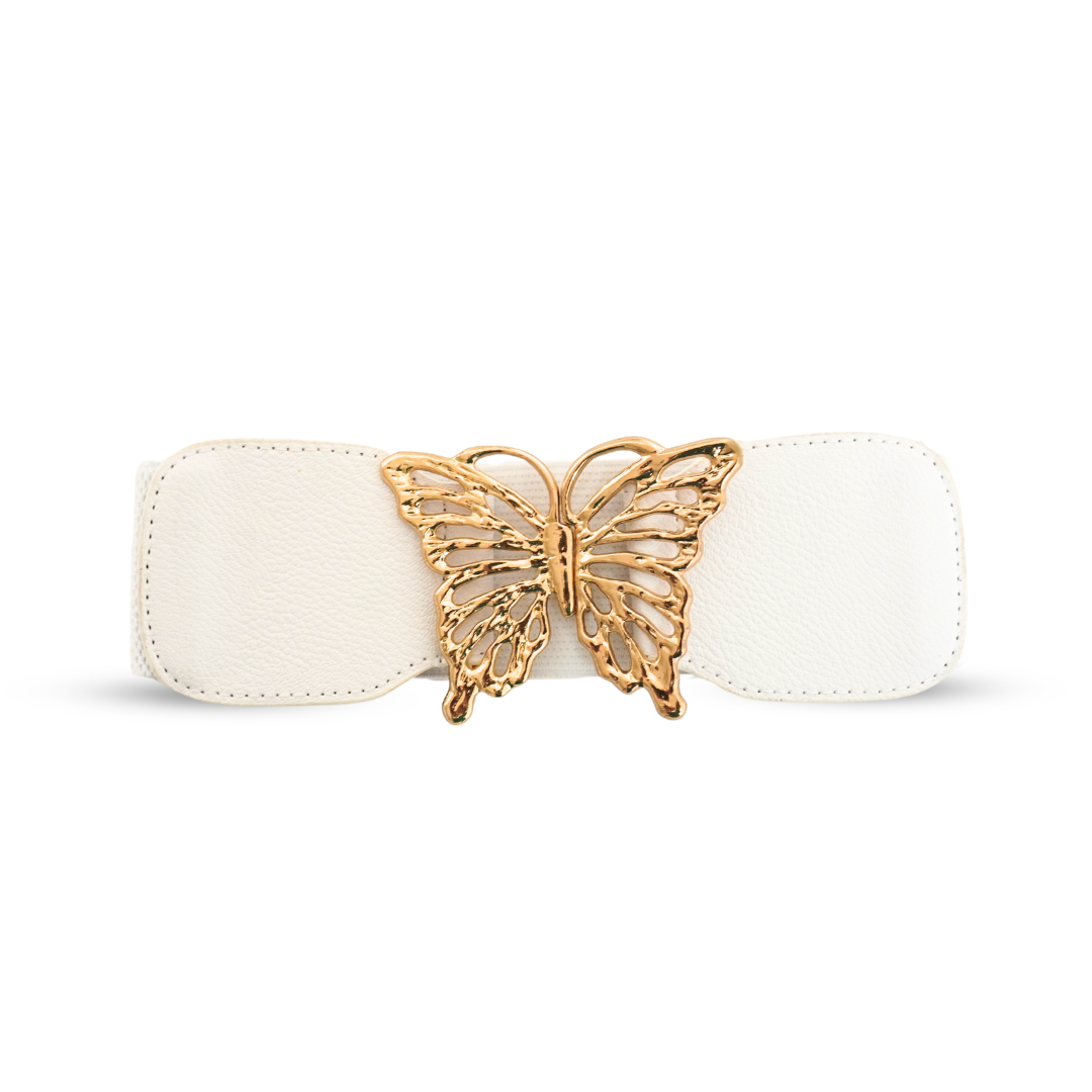 A Graceful White Elastic Belt with Gold Butterfly Buckle Statement Accessory