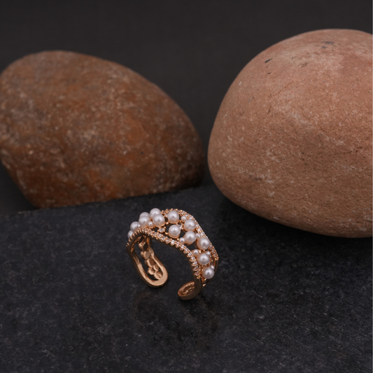 Rose Gold-Tone Pave Pearl Cluster Statement Ring
