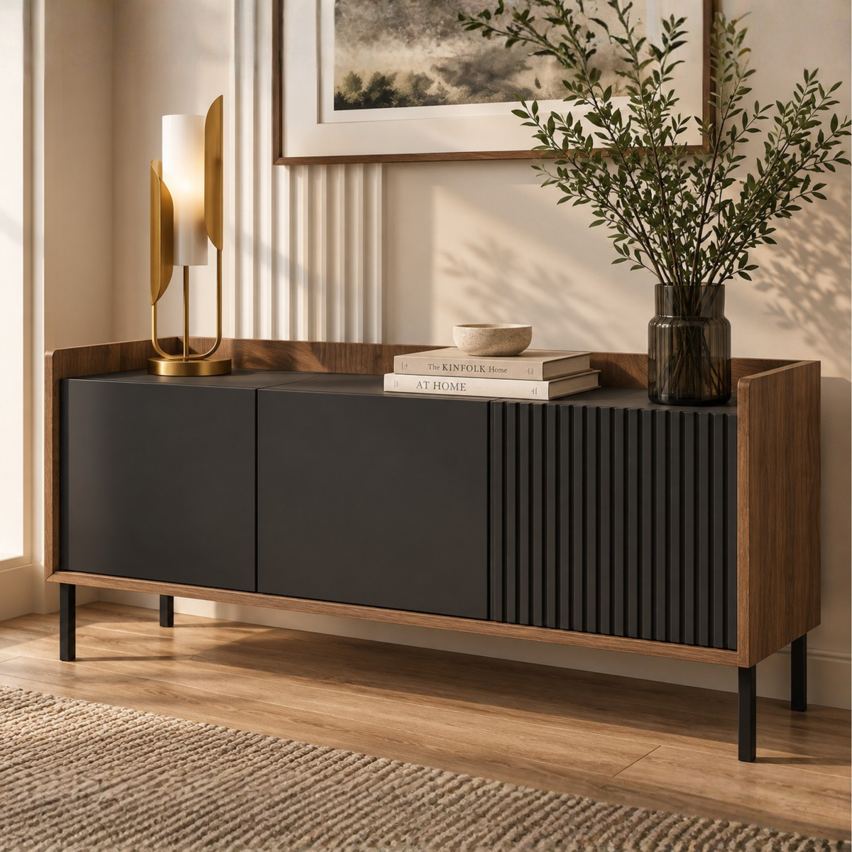 Modern Fluted Sideboard Cabinet with Wood Accents – Engineered Wood with PU Paint & PVC Laminate Finish