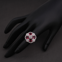Silver-Tone Ruby Floral Halo Cocktail Ring