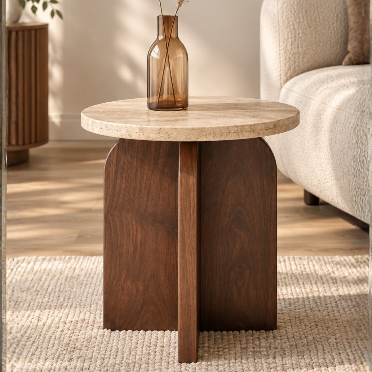Modern Round Side Table with Curved Wooden Base – Engineered Wood with PU Paint & PVC Laminate Finish