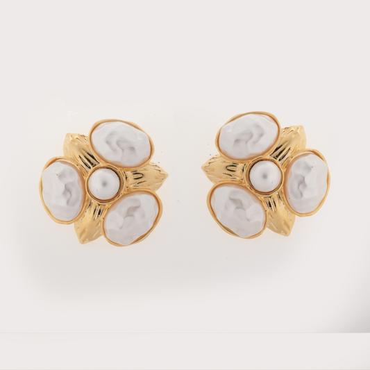 Yellow Gold-Tone Faux Pearl Cluster Flower Earrings