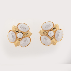Yellow Gold-Tone Faux Pearl Cluster Flower Earrings