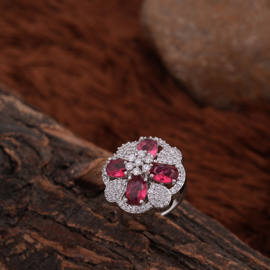 Silver-Tone Ruby Floral Halo Cocktail Ring