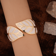 Wide Gold-Tone & White Enamel Leaf Bangle
