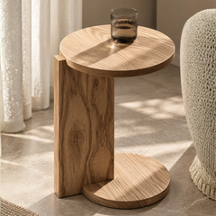 Modern Round Side Table with Sculptural Base – Engineered Wood with PU Paint & PVC Laminate Finish