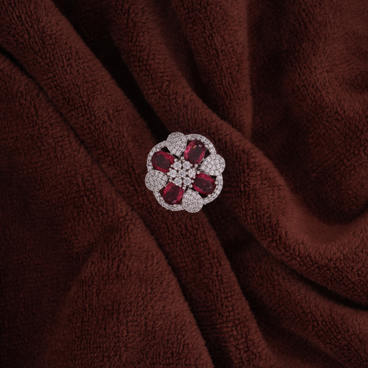 Silver-Tone Ruby Floral Halo Cocktail Ring