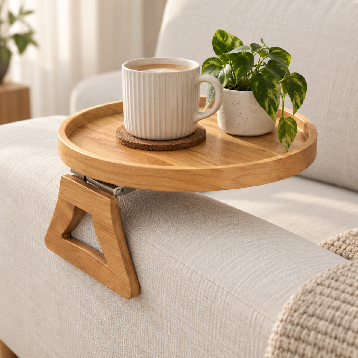 Modern Sofa Armrest Tray Table – Engineered Wood with PU Paint & PVC Laminate Finish