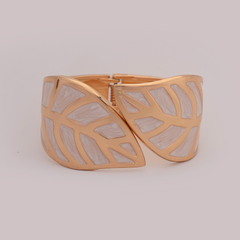 Wide Gold-Tone & White Enamel Leaf Bangle