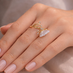 Gold-Tone Opal Butterfly Ring – Crystal Accent Open Band Design