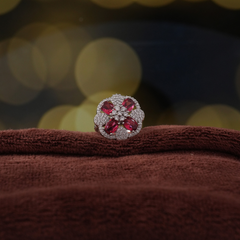 Silver-Tone Ruby Floral Halo Cocktail Ring