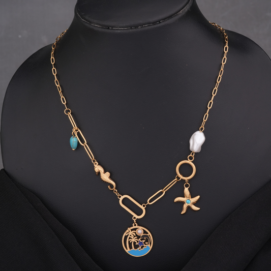 Gold-Tone Ocean Charm Necklace with Enamel and Pearl Accents