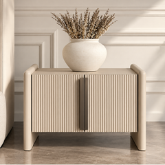 Modern Fluted Storage Cabinet with Curved Frame – Engineered Wood with PU Paint & PVC Laminate Finish