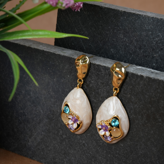 Chic Gold-Tone Floral Enamel Drop Earrings