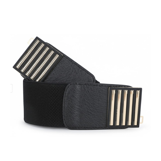 Black Elastic Cinch Belt with Gold Bar Buckle